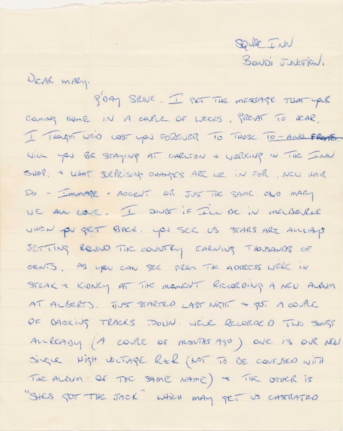 signed letter from Bon Scott to his friend Mary Walton August 1975