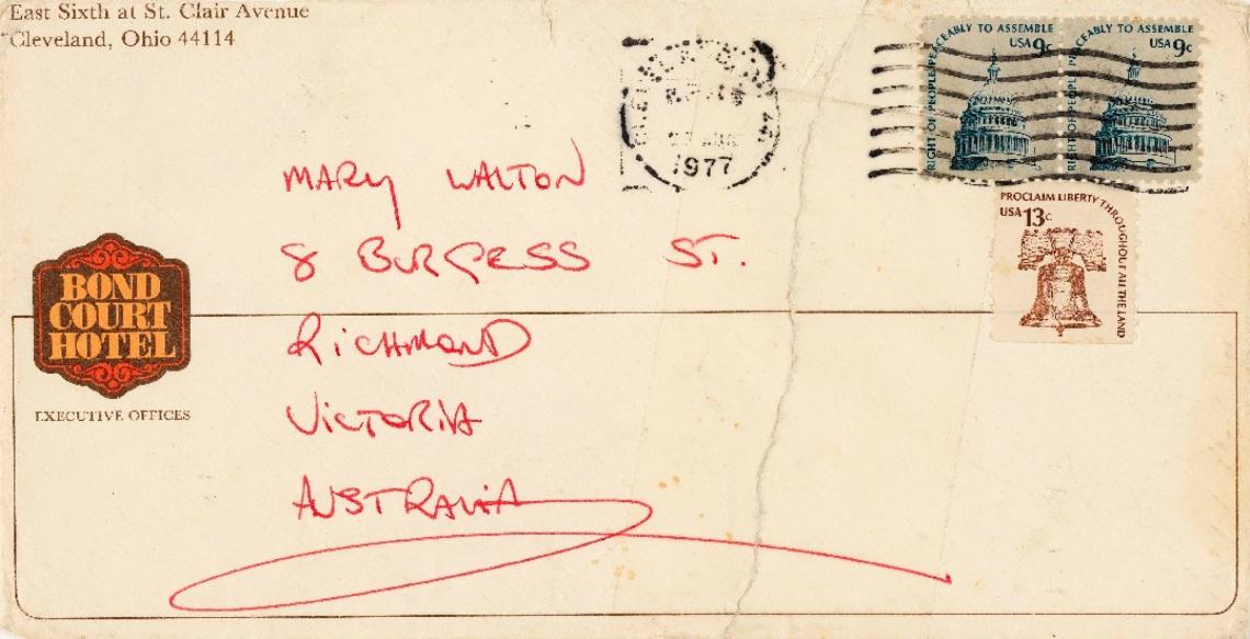 ACC 10060AD2Handwritten  envelope for letter to Mary Walton in Richmond Victoria from Bon Scott Bond Court Hotel Cleveland Ohio Aug 1977