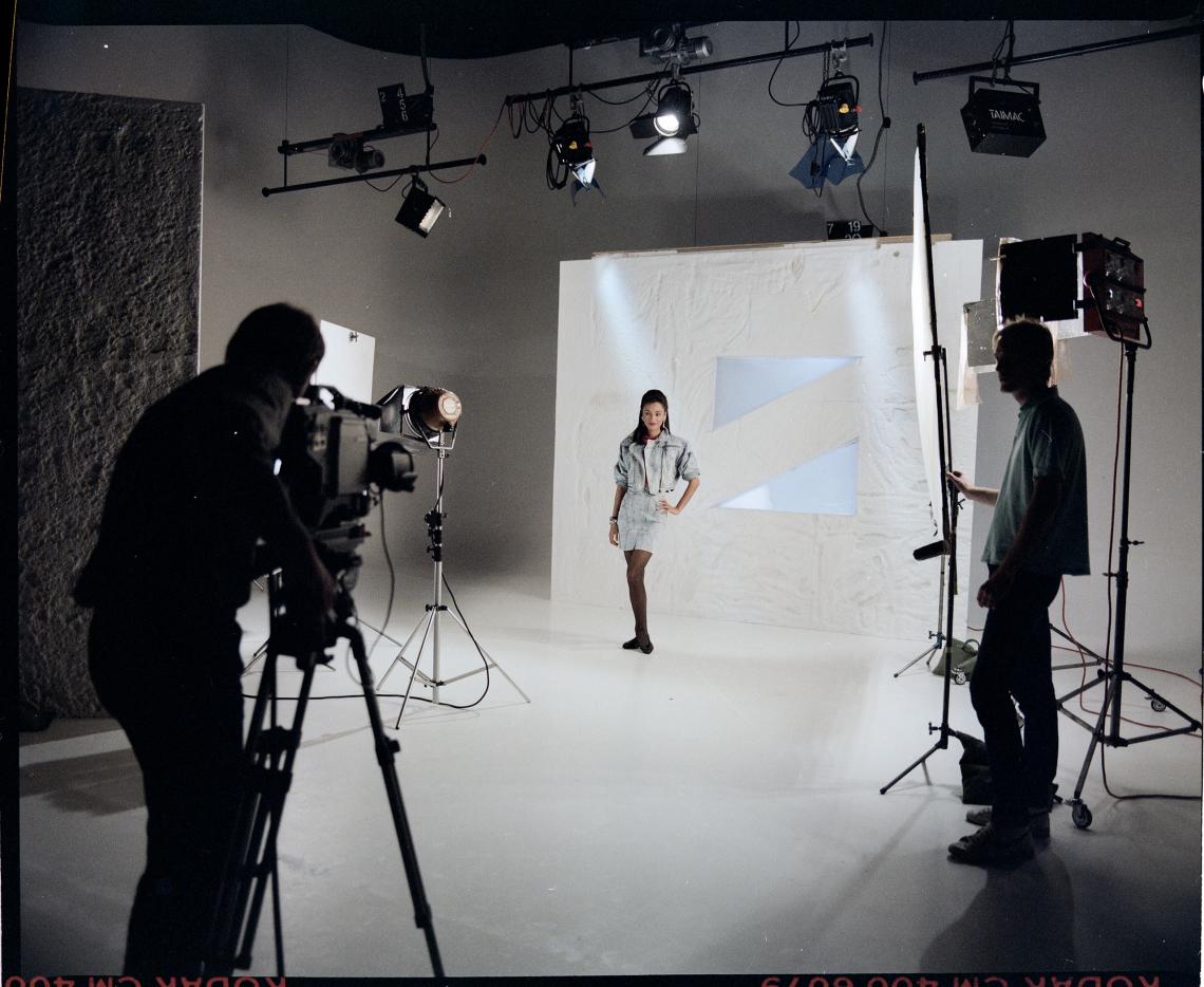 Taimac SBS filming an advertisement for Jeans West in the studio 28 May 1987