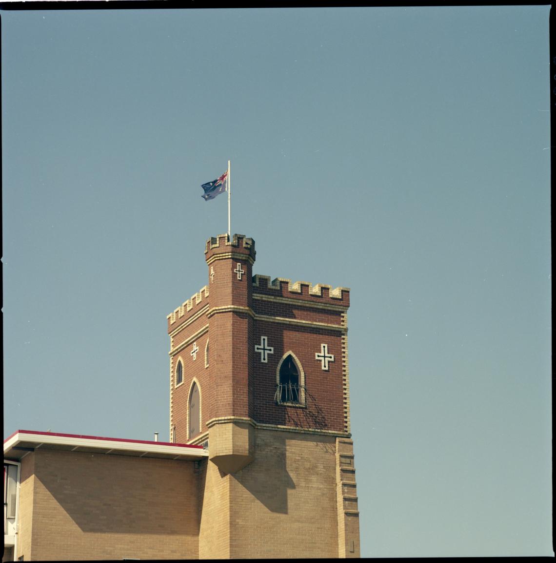 Architectural detail of Red Castle Motel - the tower