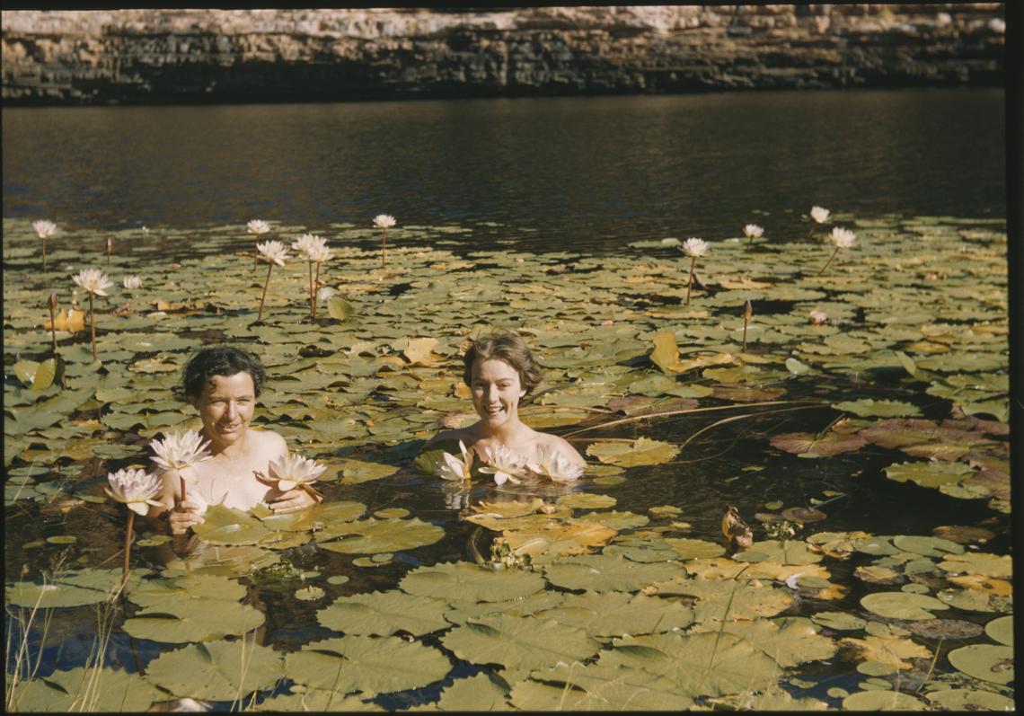 Dorrie Foord and Wilma Venville among the water lilies in Camera Pool c1958
