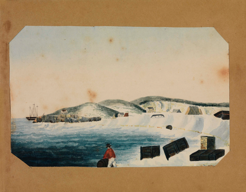 Watercolour painting showing the cargo of the Wanstead being unloaded likely on Bathers Beach Fremantle Mary Ann Friend 1830 