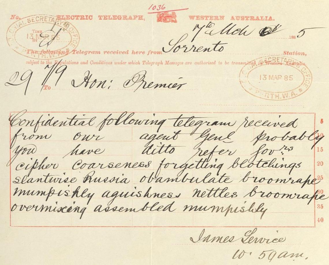 One of the coded telegrams sent to the Colonial Secretary about the expected war with Russia
