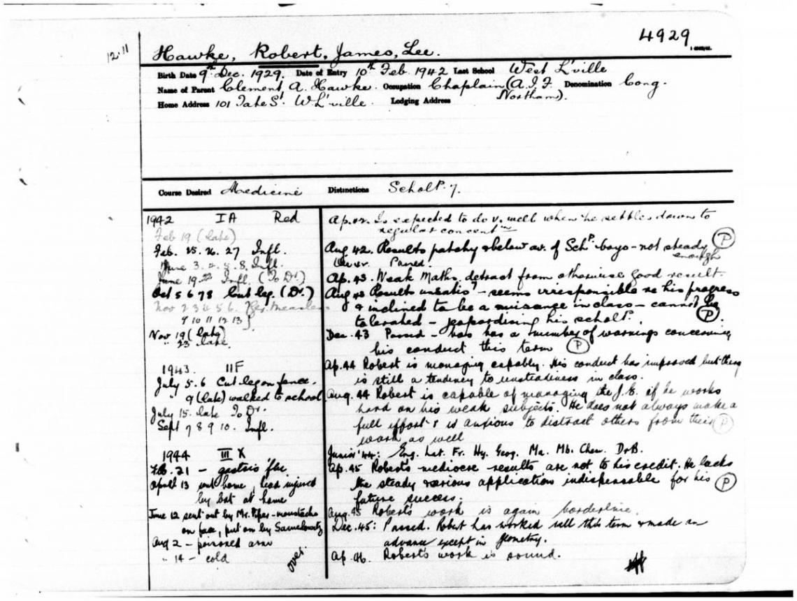 Extract of high school student record for Bob Hawke SROWA Series 3117