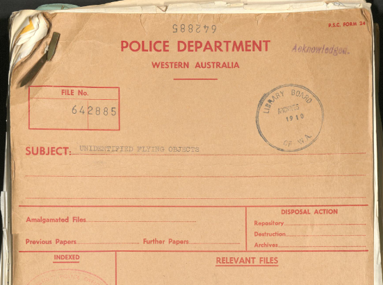 File Cover for the UFO File held at the State Records Office 