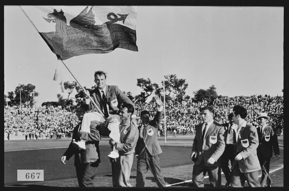 The Welsh team chair Don Skene during the closing ceremony of the 1962 Commonwealth Games