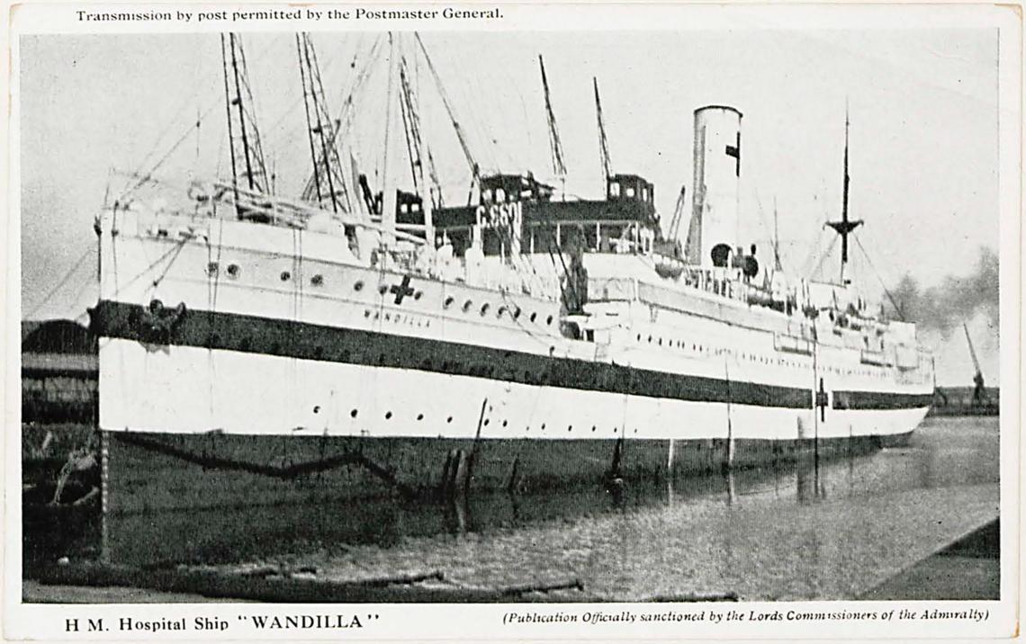 Front of postcard with H M Hospital Ship Wandilla