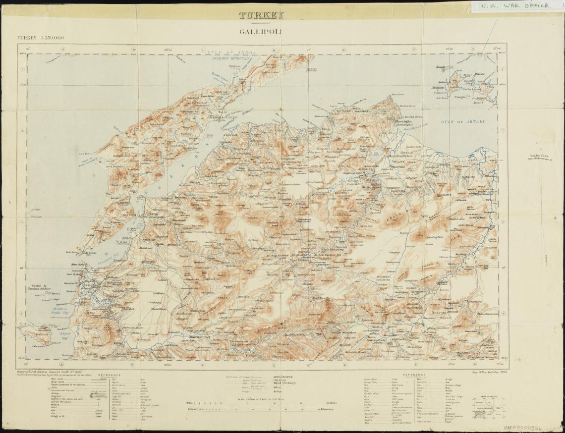 Map of the Gallipoli Peninsula Turkey showing rivers lakes mines cities towns roads tracks railways telegraph lines churches and mosques 1908 - 1915