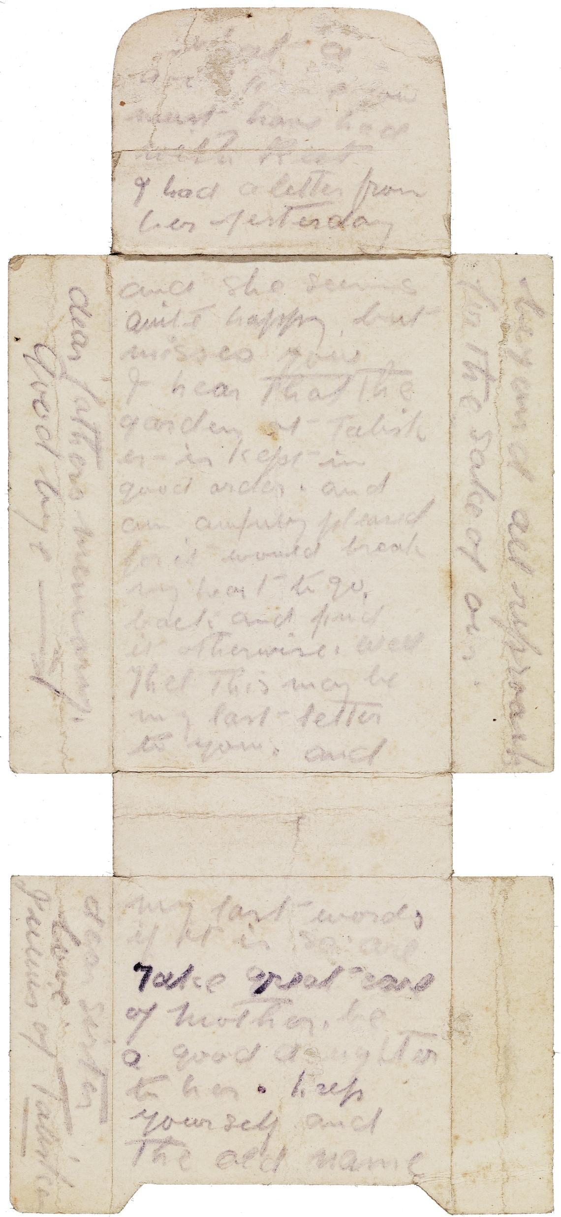 Letter from Gallipoli written by JFW MacLeod on cigarette packet back June 1915