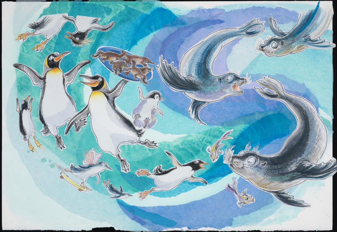 Original artwork from A Crash of Rhinos by Patricia Mullins