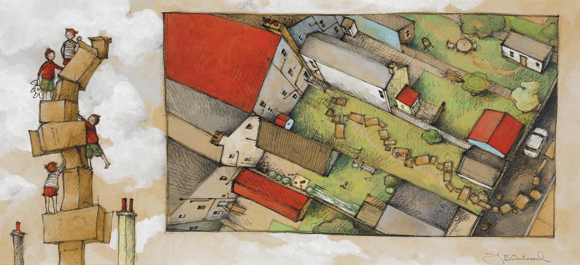 Original artwork from They built a tower so tall it topples over art original  Freya Blackwood