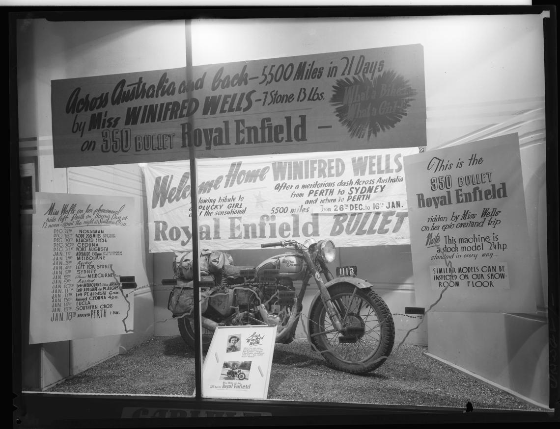 Messages or congratulations and the Royal Enfield used by Winifred Wells to travel across Australian and back to Perth 1952