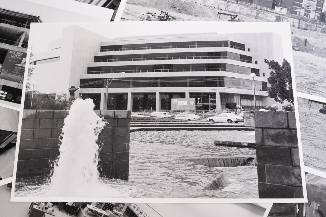 Alexander Library Building viewed from Art Gallery Fountain prior to completion of Mall c1984