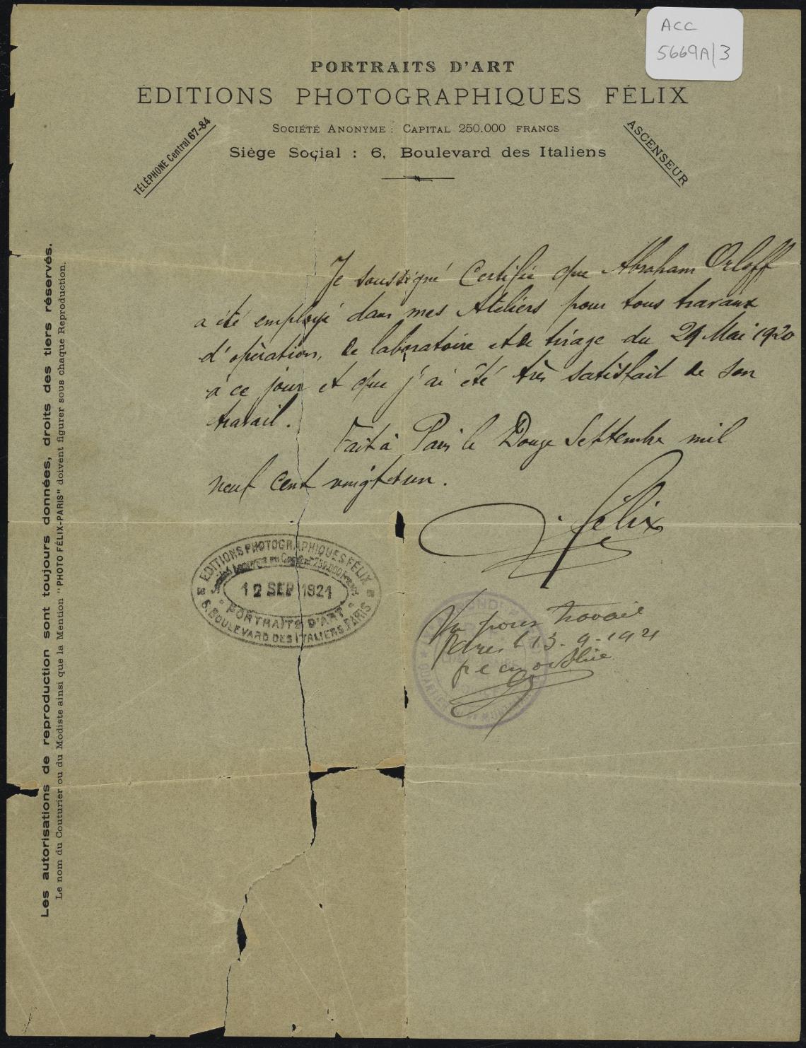 Reference letter from Editions Photographiques Felix Paris 13 September 1921