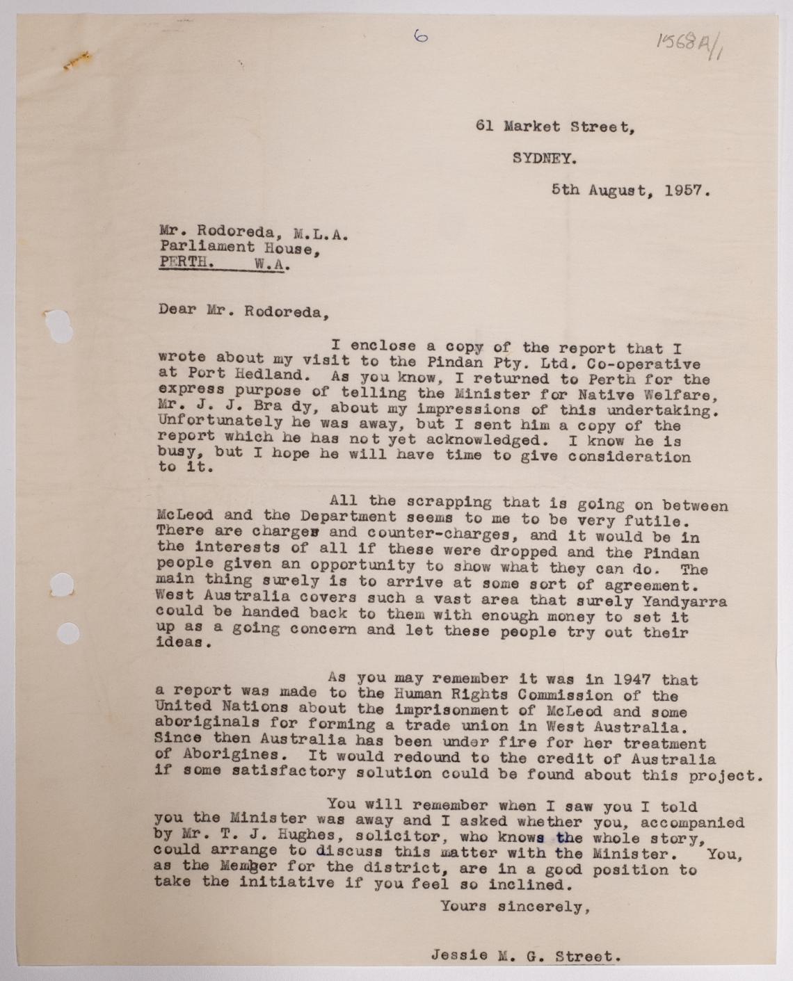 Letter from Jessie Street to Parliament House 1957
