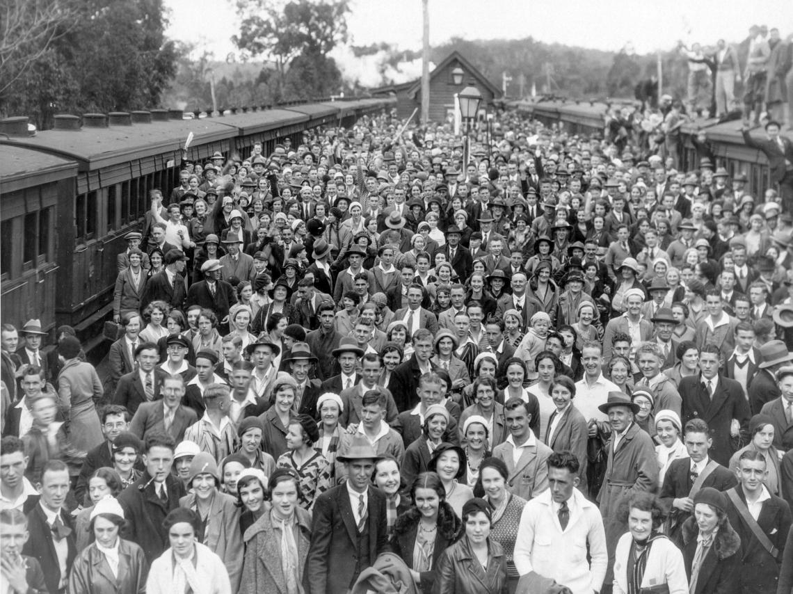 Picnickers leaving for John Forrest National Park from the Parkerville Railway Station 1930 