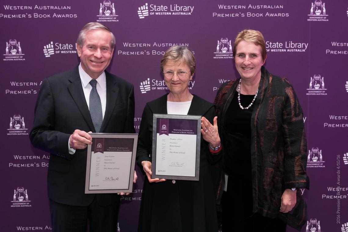 Image of Premier Colin Barnett and Margaret Allen with Australian Author Helen Garner