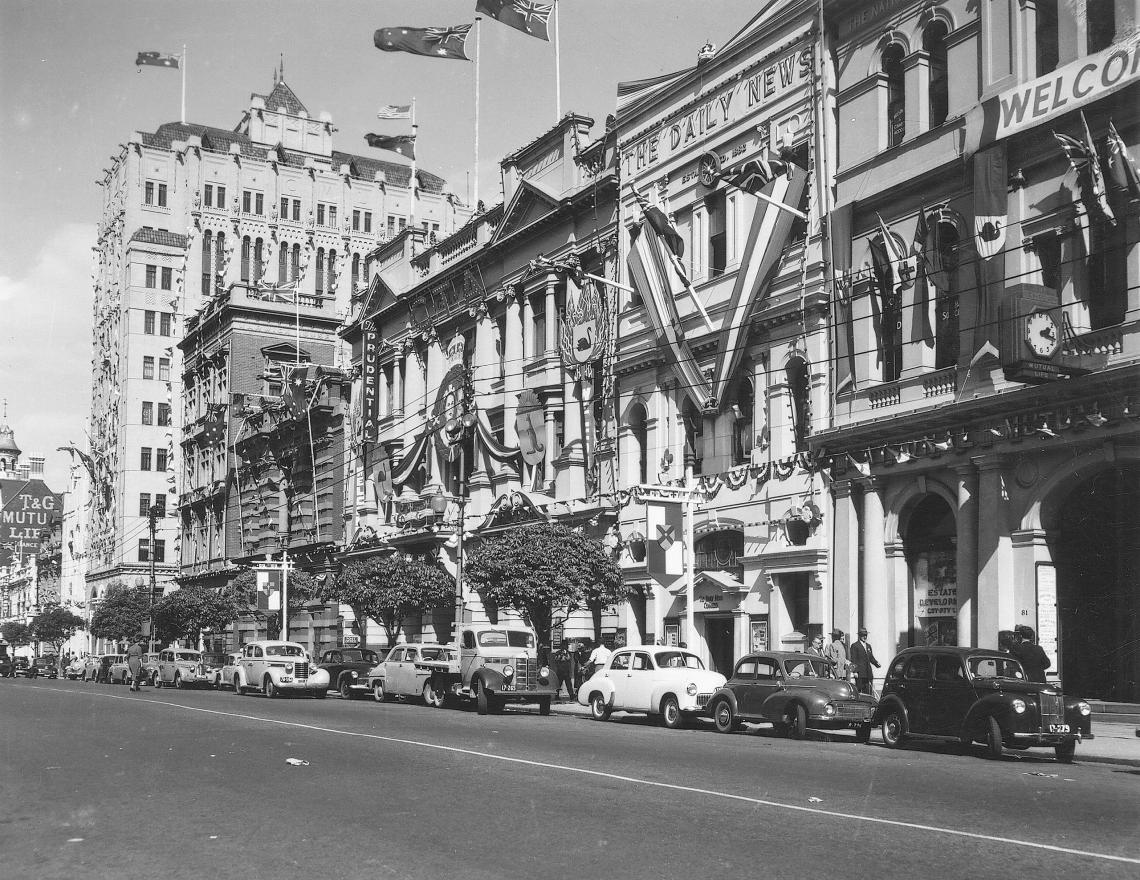 St Georges Terrace decorated for Royal visit 1954