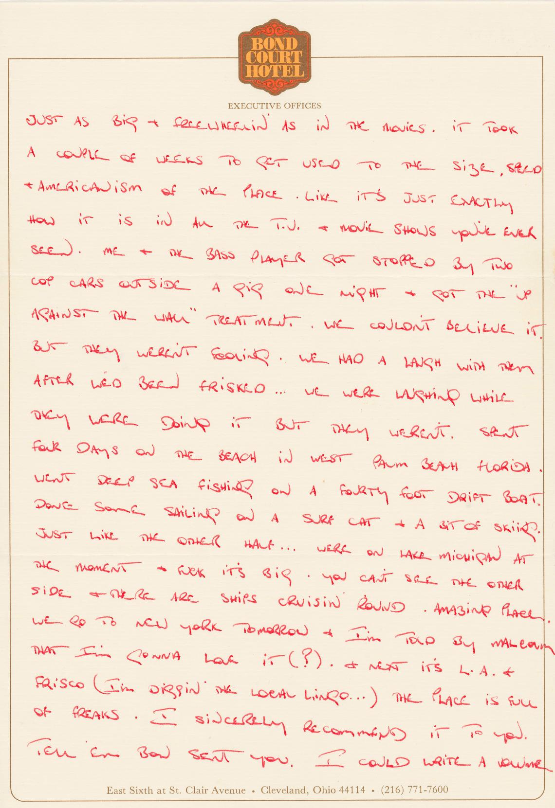 Handwritten and signed letter and envelope to Mary Walton in Richmond Victoria from Bon Scott Bond Court Hotel Cleveland Ohio Aug 1977