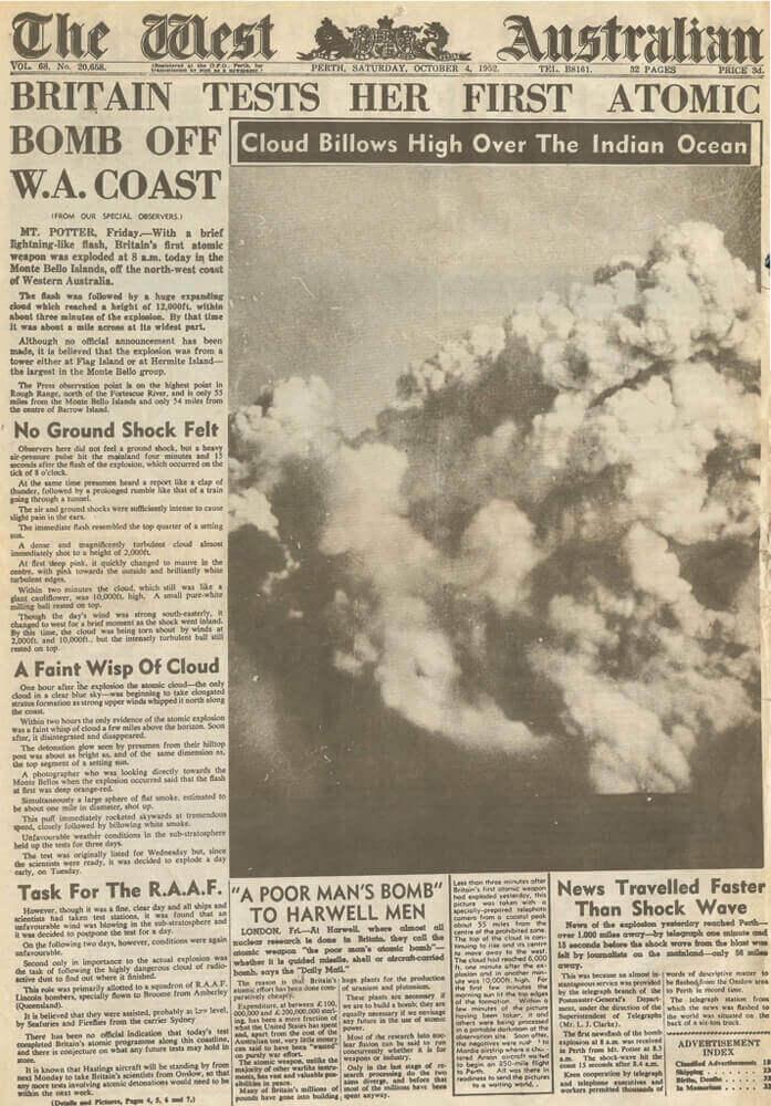 The West Australian Newspaper front cover 4 October 1952