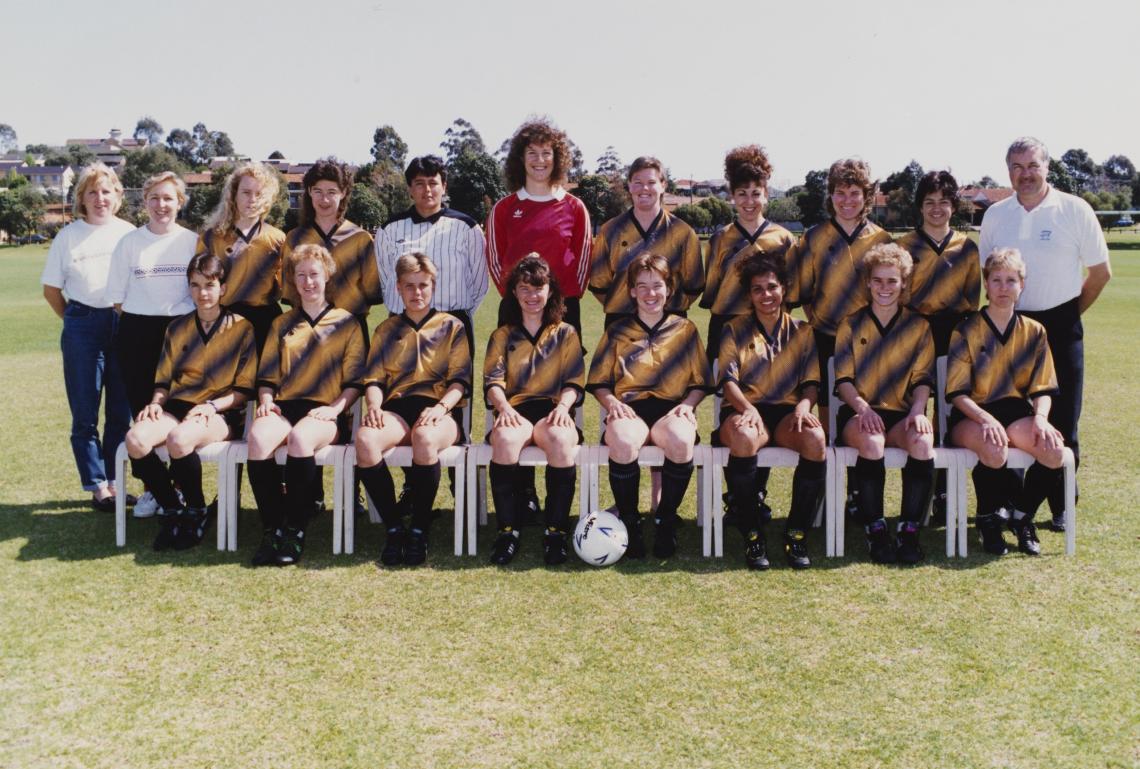 group portrait of 1991 WA State Soccer Team with coaches