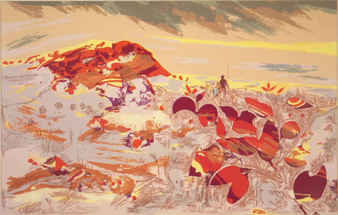 Screen print of shimmering on the horizon original illustration by Robert Juniper reproduced in the book Mason Judy