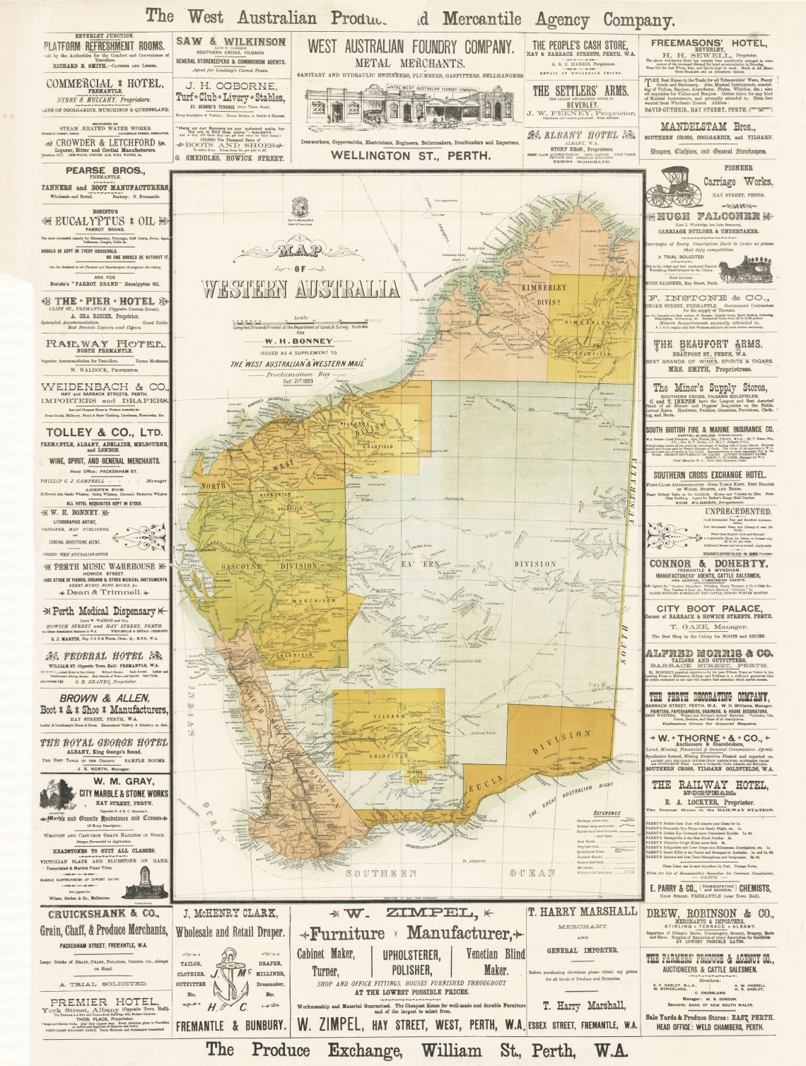 Map of Western Australia cartographic material compiled drawn and printed at the Department of Lands  Surveys Perth WA for WH Bonney 1893