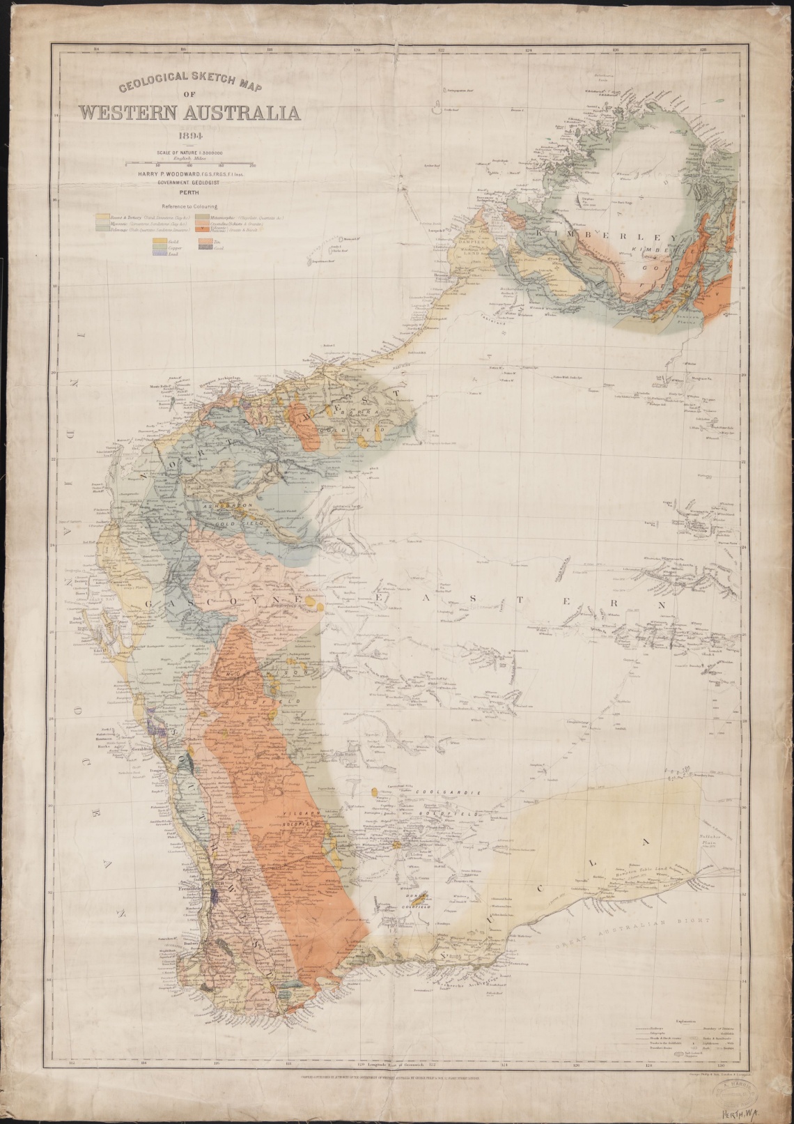 Geological sketch map of Western Australia published by George Philip and Son 1894 