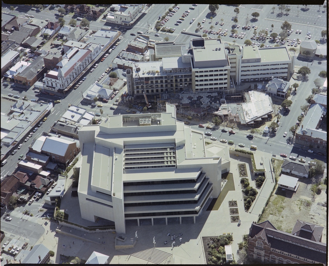 Aerial of Alexander Library Building State Library of WA in the Perth Cultural Centre 10 August 1987