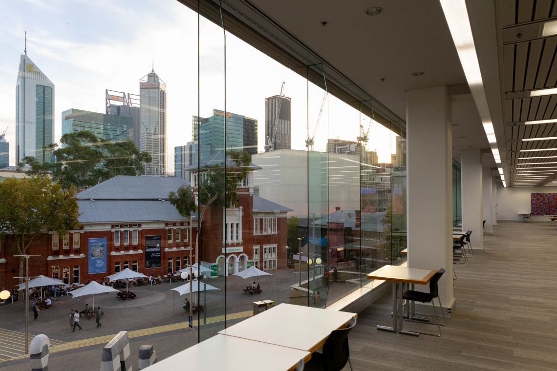 View of the city from inside the State Library of Western Australia