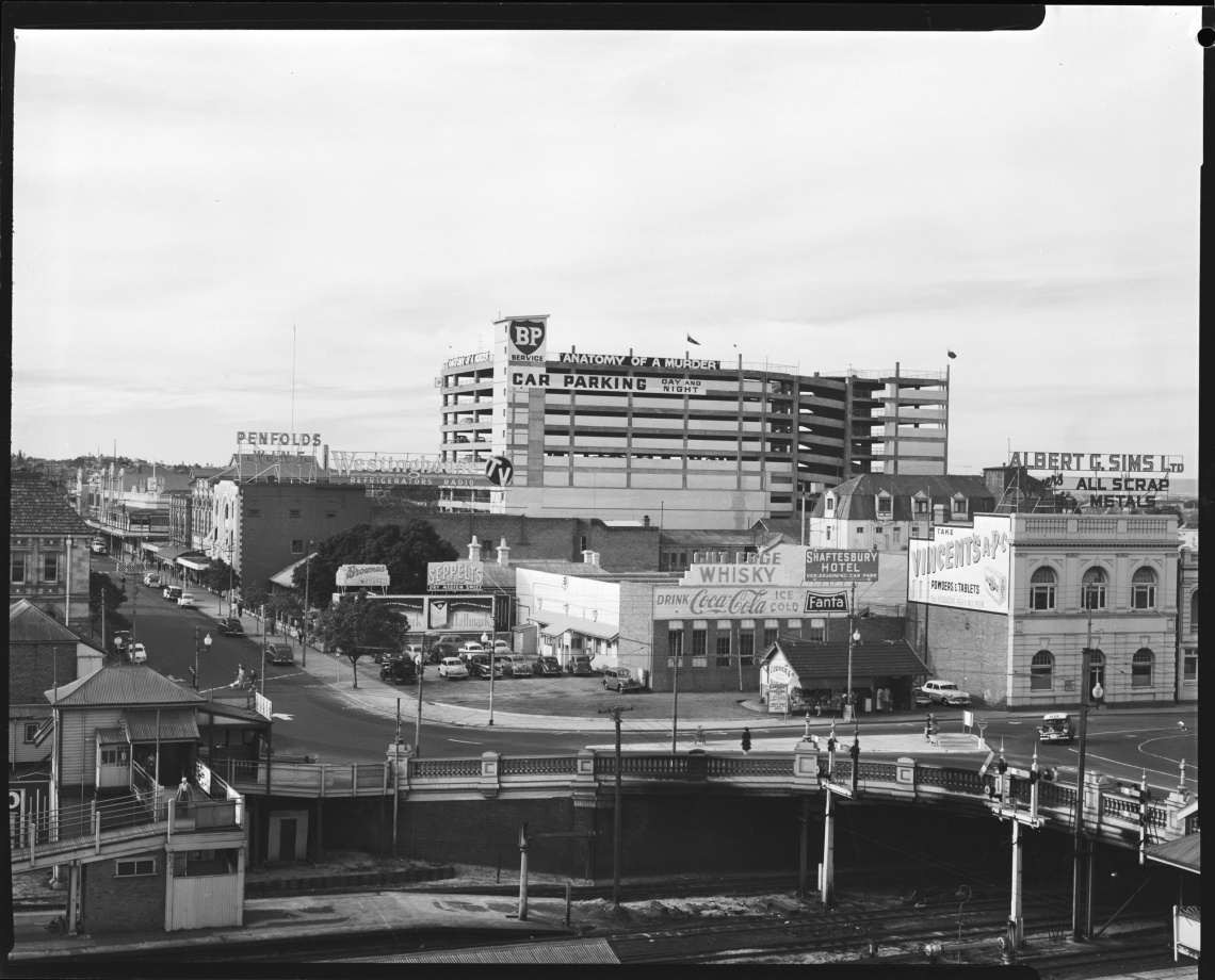 View from Perth Railway Station across the Barrack St bridge and Roe Street to Beaufort Street 1960