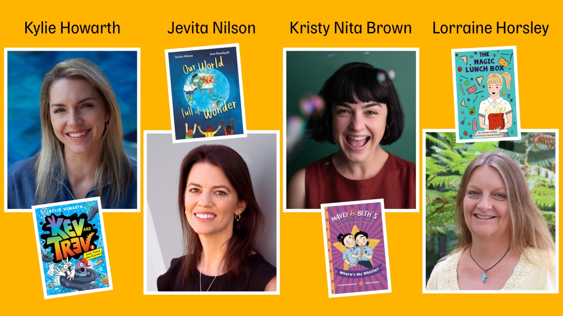 Headshots of Kylie Howarth Jevita Nilson Kristy Nita Brown and Lorraine Horsley with their books