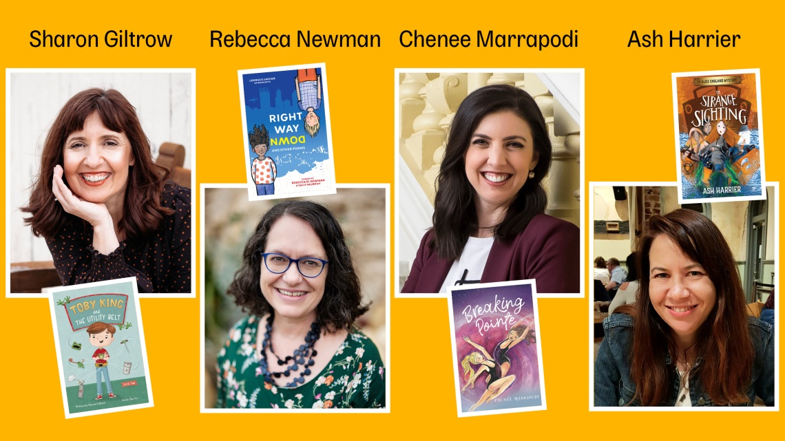 Headshots of Sharon Giltrow Rebecca Newman Chenee Marrapodi and Ash Harrier with their books