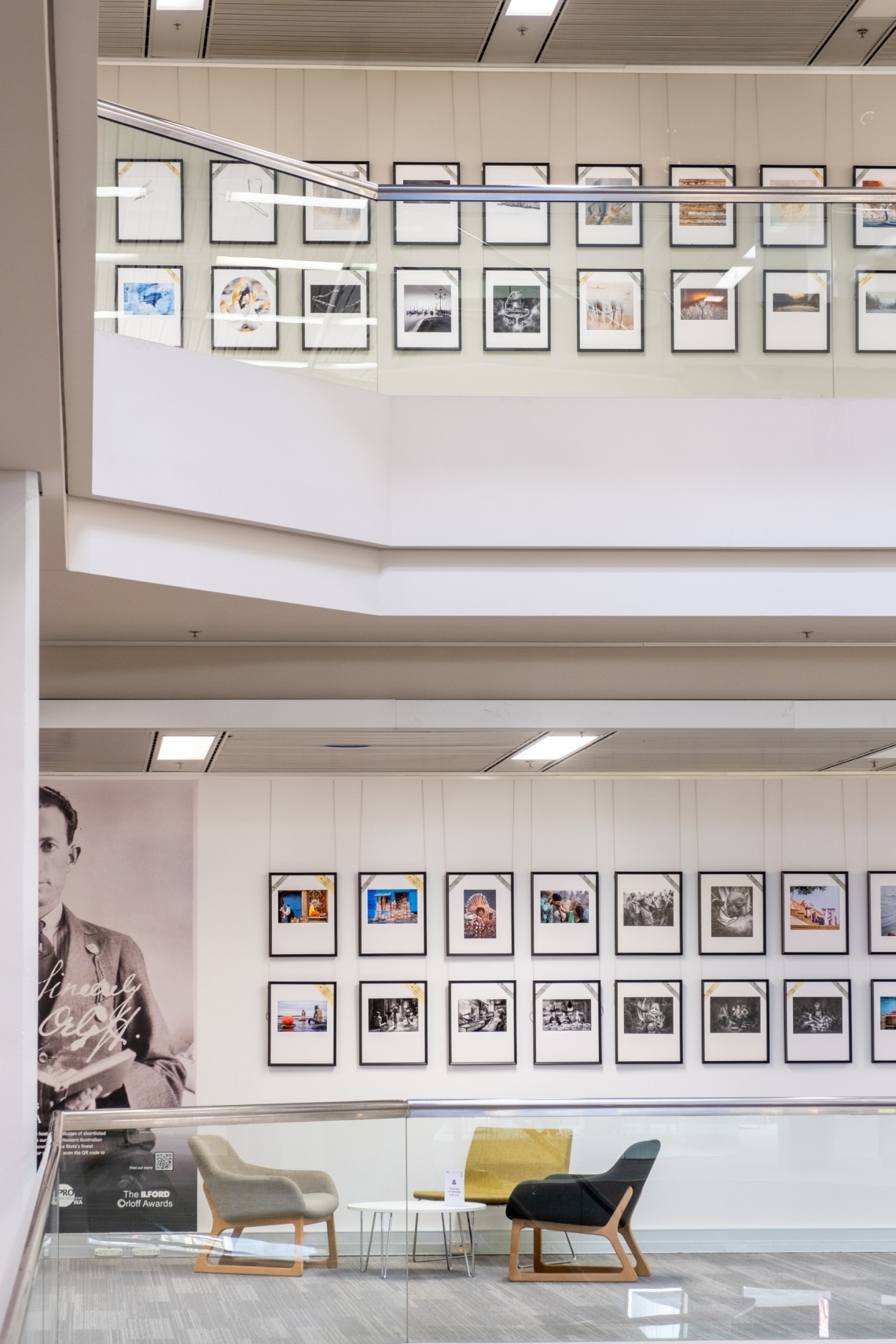 Levels 1 and 2 of 2024 Ilford Orloff Awards exhibition at the State Library