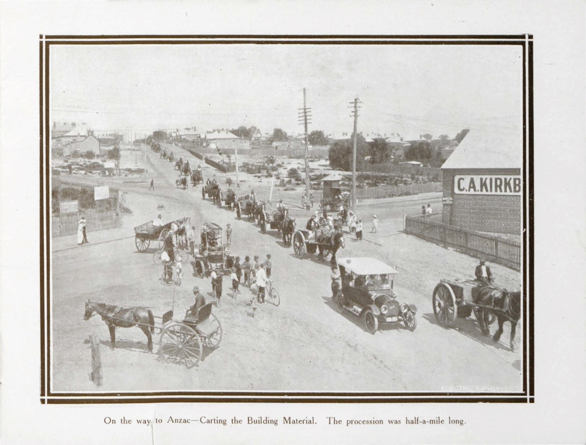 Anzac Cottage souvenir booklet a picture of the cars horse and carriages carting all the building material