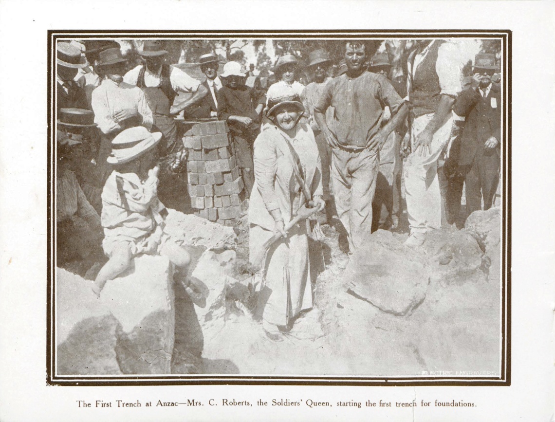 Anzac Cottage memorial booklet Mrs C Roberts the Soldiers Queen starting the first trench for foundations