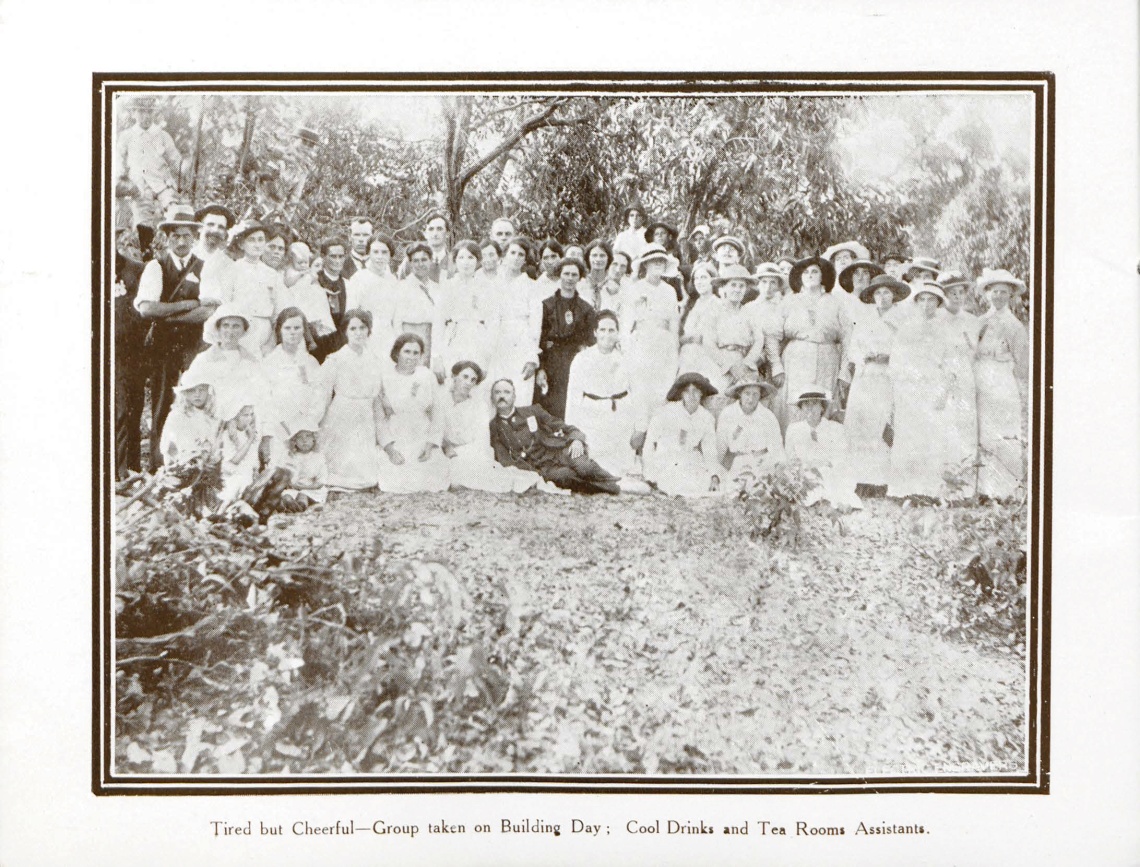 Anzac Cottage memorial booklet Group picture taken on Building Day Cool Drinks and Tea Room Assistants
