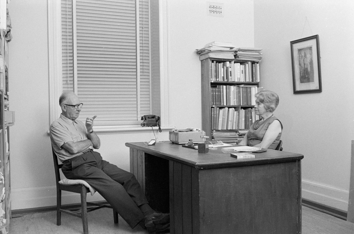 Miss Mollie Lukis conducting an oral history interview with John Bottomley at the JS Battye Library of West Australian History and State Archives 1969