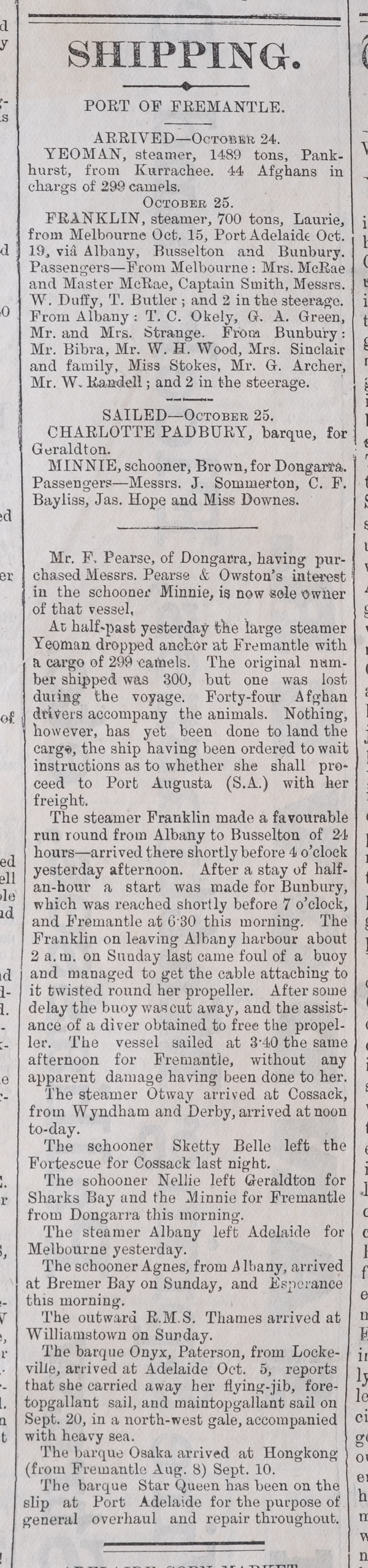 Shipping notice The Daily News 25th October 1887