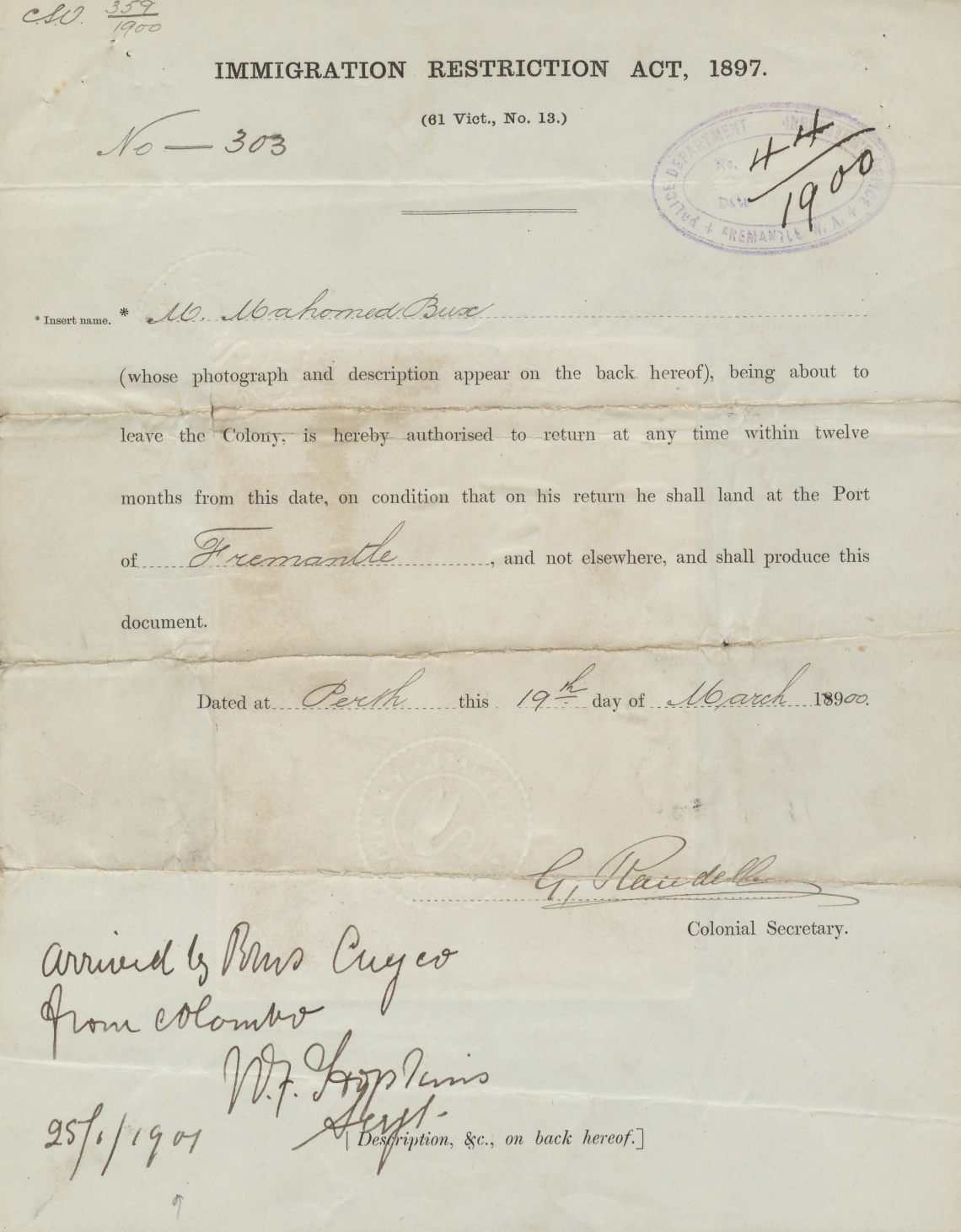 Mahomed Bux Immigration certificate 1900
