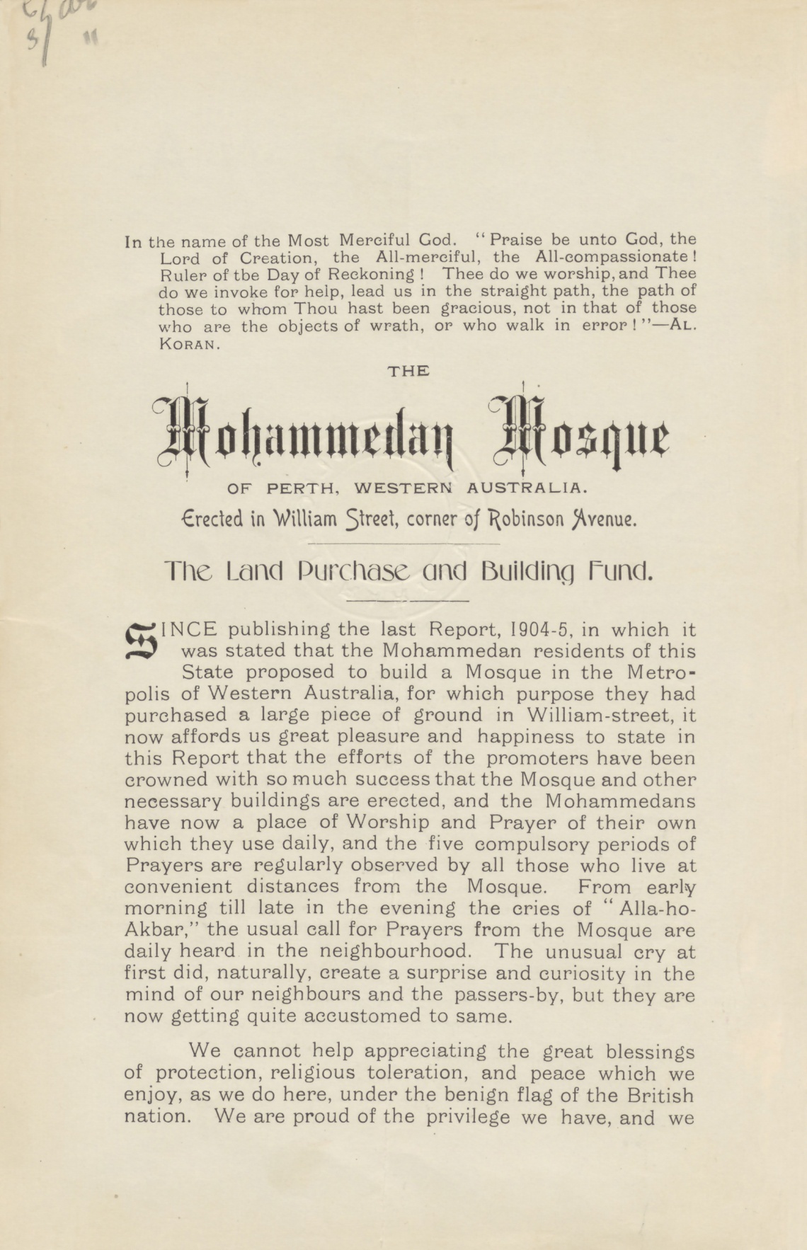 Annual Report 19056 Mohammedan Mosque Land Purchase and Building Fund