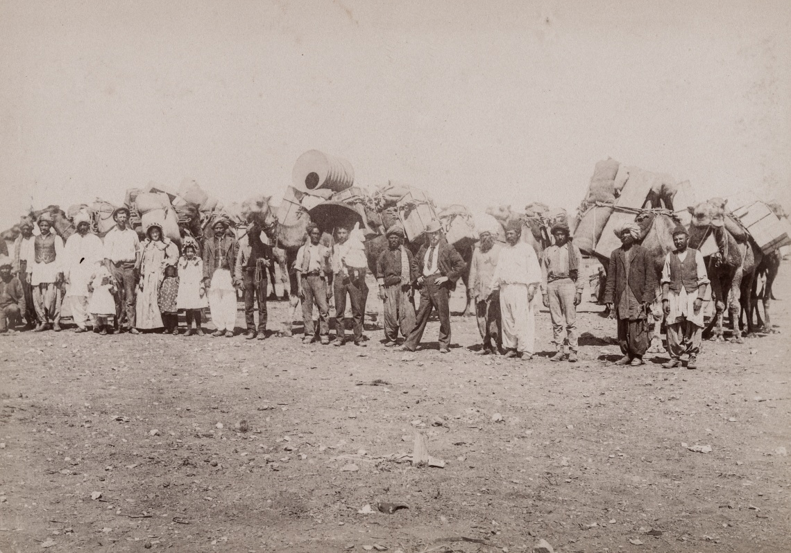 Packed camel train with Afghan cameleers and their families near Coolgardie c1895
