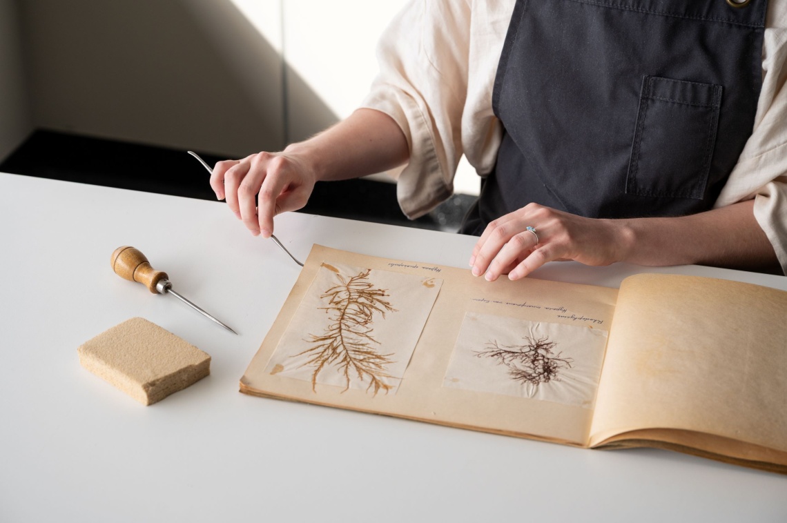 A conservator examining one of Lucy Serventys scrapbooks