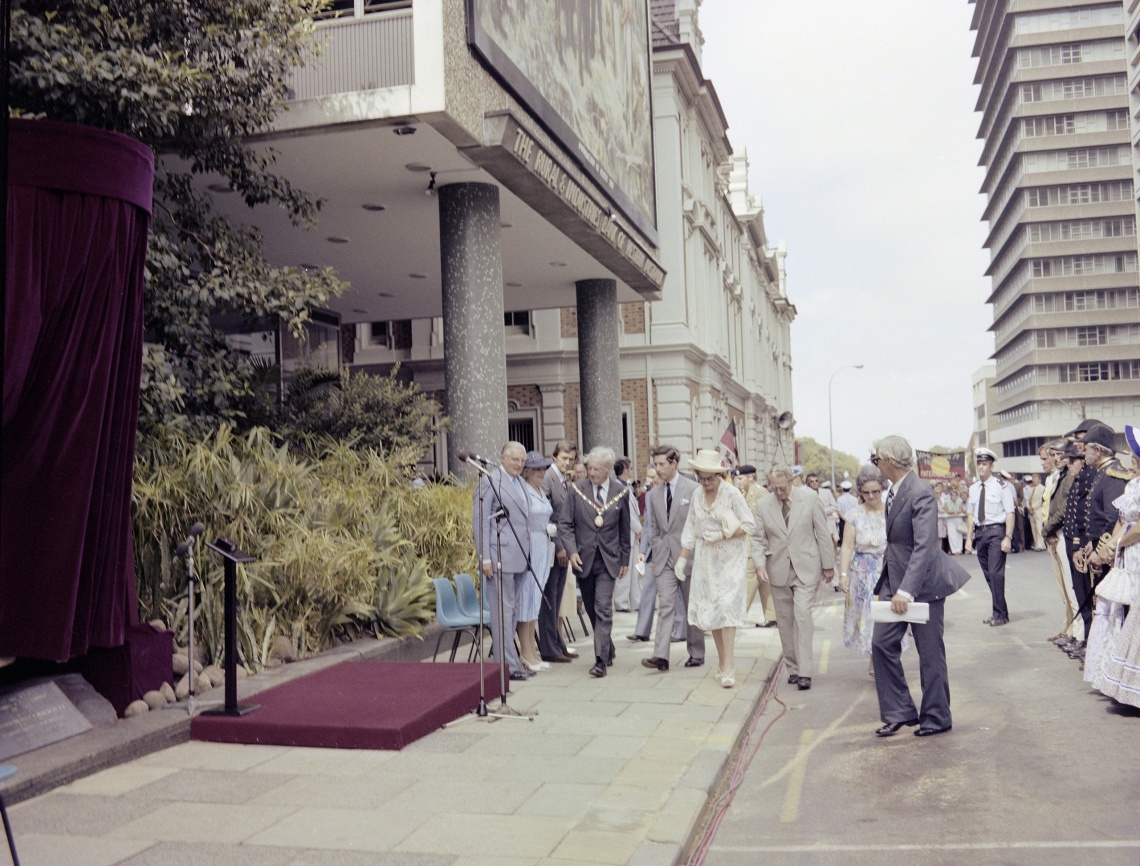 Prince Charles accompanied by Lord Mayor FC Chaney and the official party walks from the Esplanade to the statue next to the Town Hall in Barrack Street in 1979