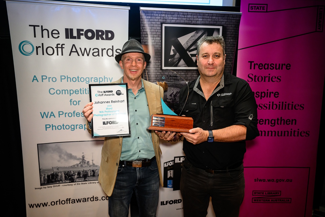 Johannes Reinhart winner of the 2025 Ilford WA Professional Photographer of the Year and Fine Art Photographer of the Year with Kym Peacock National Sales Manager Ilford Professional Imaging