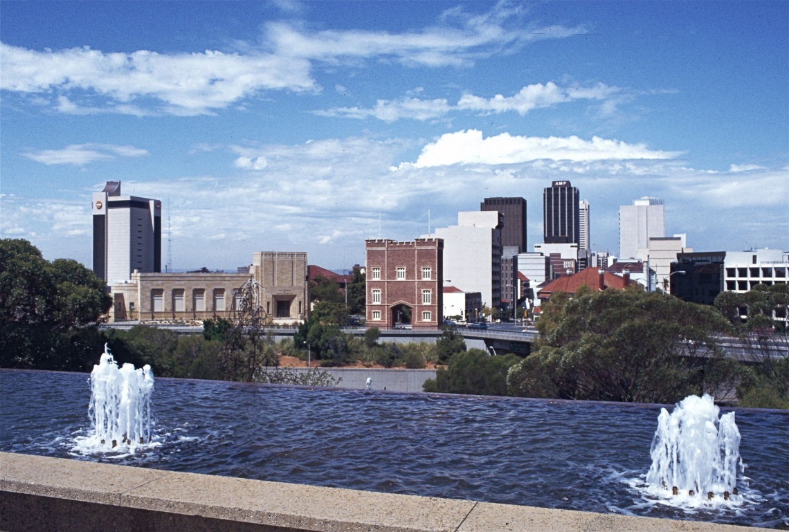 View from Parliament House fountains to Barracks Arch and Perth city 1980