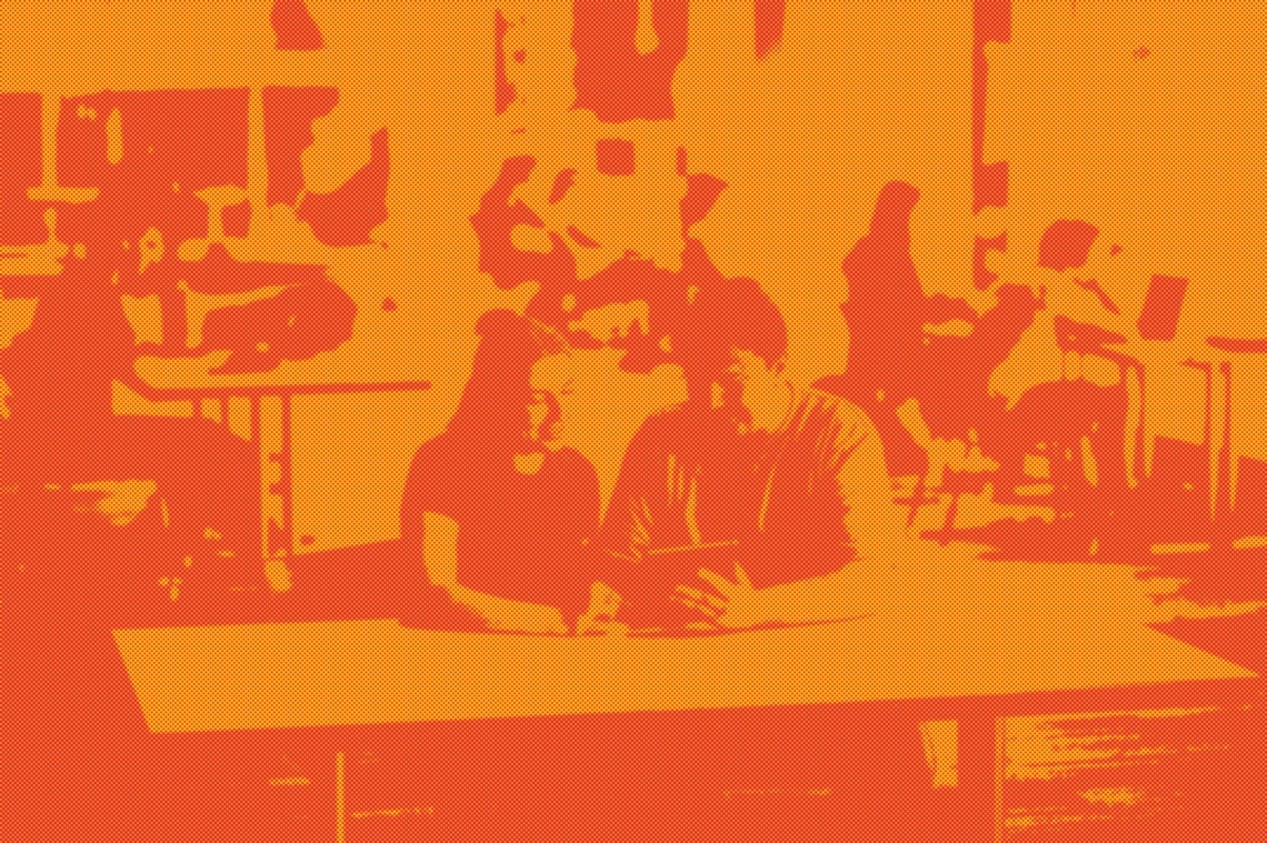 Client Survey promotional image of two people at a desk