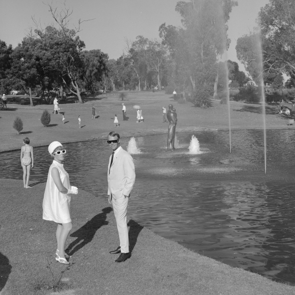 Sculptor Margret Priest and architect Geoffrey Summerhayes on the occasion of the opening of the Pioneer Woman Memorial at Kings Park 1968