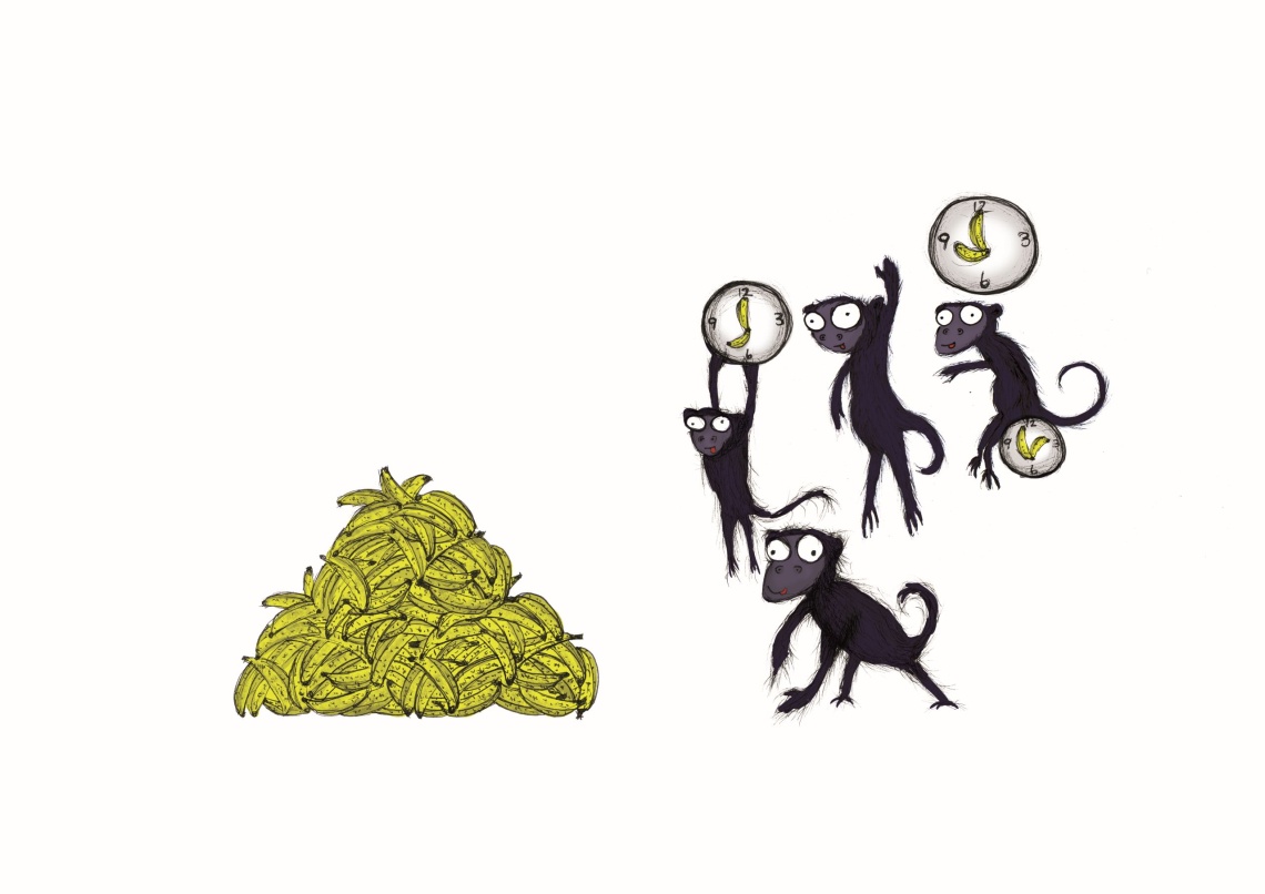 Digital illustration of monkeys playing with bananas