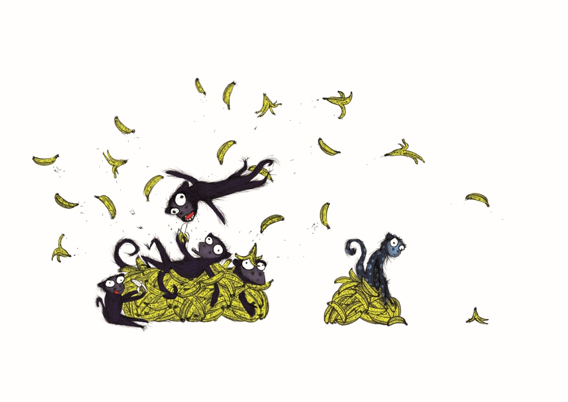 Digital illustration of monkeys playing with bananas